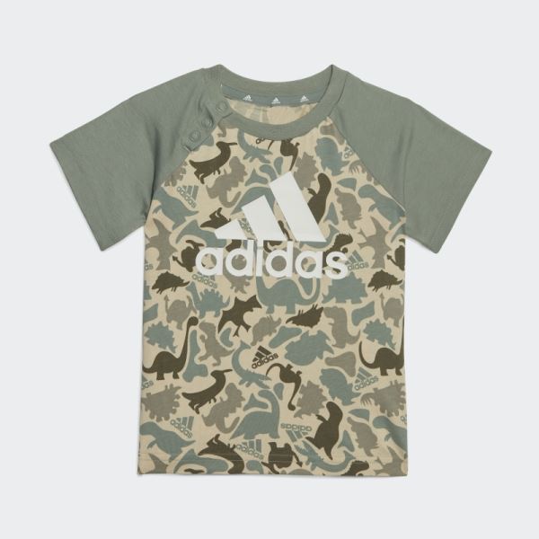 Adidas Silver Green Dino Camo Allover Print Tee and Short Set