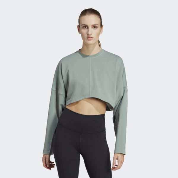 Fashion Adidas Silver Green Yoga Studio Crop Sweatshirt