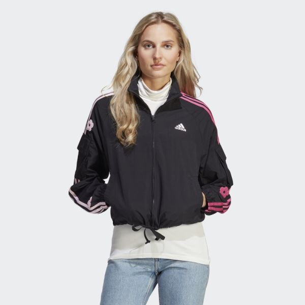 Adidas Black 3-Stripes Lightweight Jacket with Chenille Flower Patches