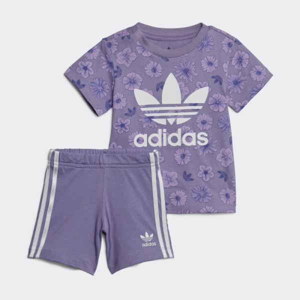 Adidas Floral Tee and Shorts Set Lilac