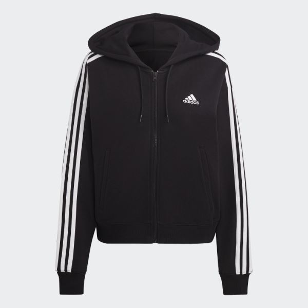 Essentials 3-Stripes French Terry Bomber Full-Zip Hoodie Black Adidas