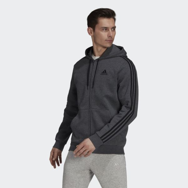 Adidas Dark Grey Heather Essentials Fleece 3-Stripes Full-Zip Hoodie