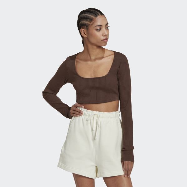 Adidas Studio Lounge Ribbed Cropped Long Sleeve Tee Brown