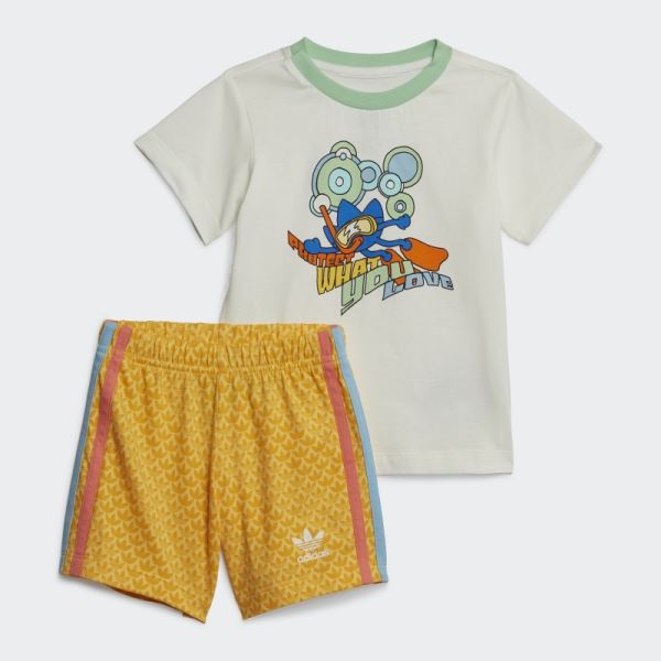 White Adidas Graphic Print Shorts and Tee Set